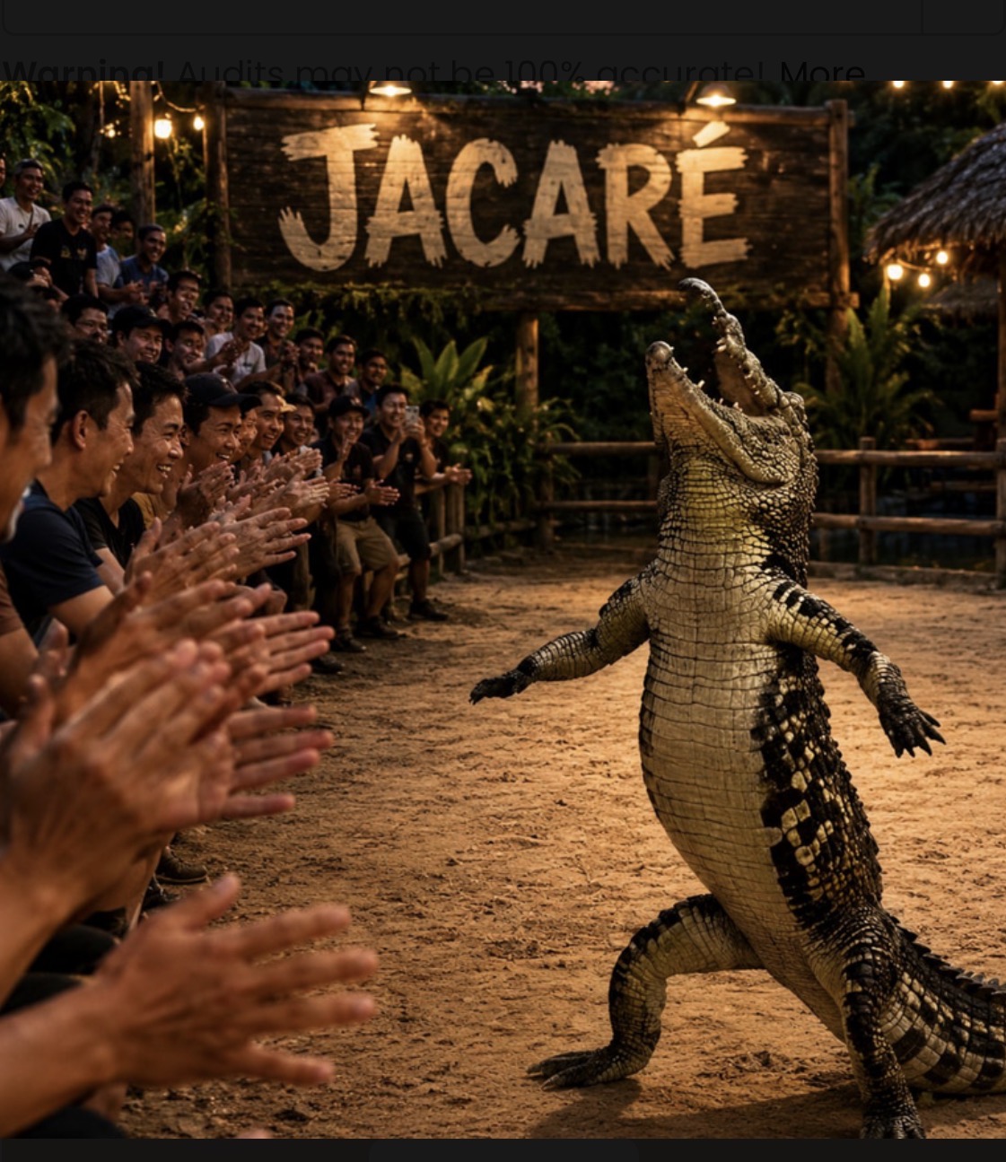 Dancing Jacaré crocodile under the RELA NO JACARÉ sign
